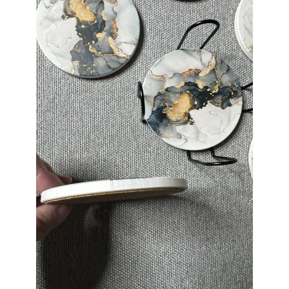 Gray, Blue, Gold Marble Round Coasters With Holder Set Of 6 Absorbs Moisture Set